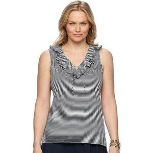 Lauren Ralph Lauren Women Striped Blouse Top Ruffle Around Collar Black White PL